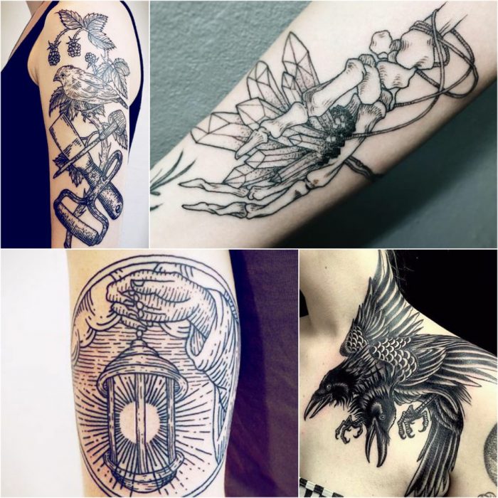 linework tattoo - etching tattoo - woodcut tattoo