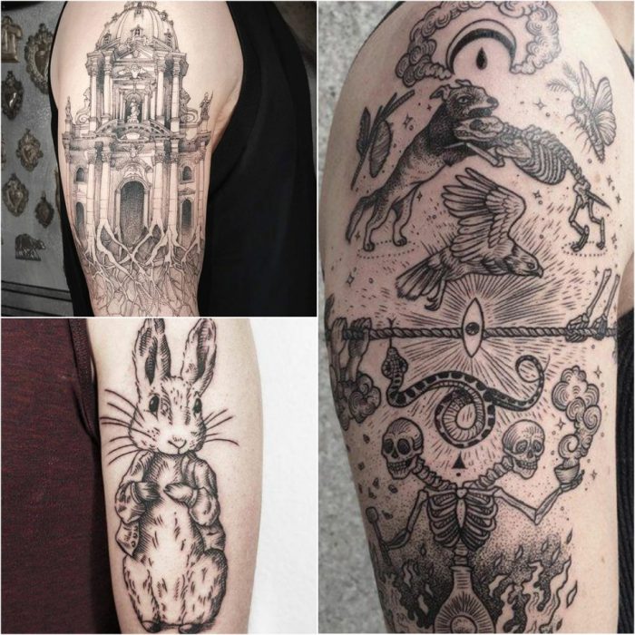 linework tattoo - woodcut tattoo - etching tattoo