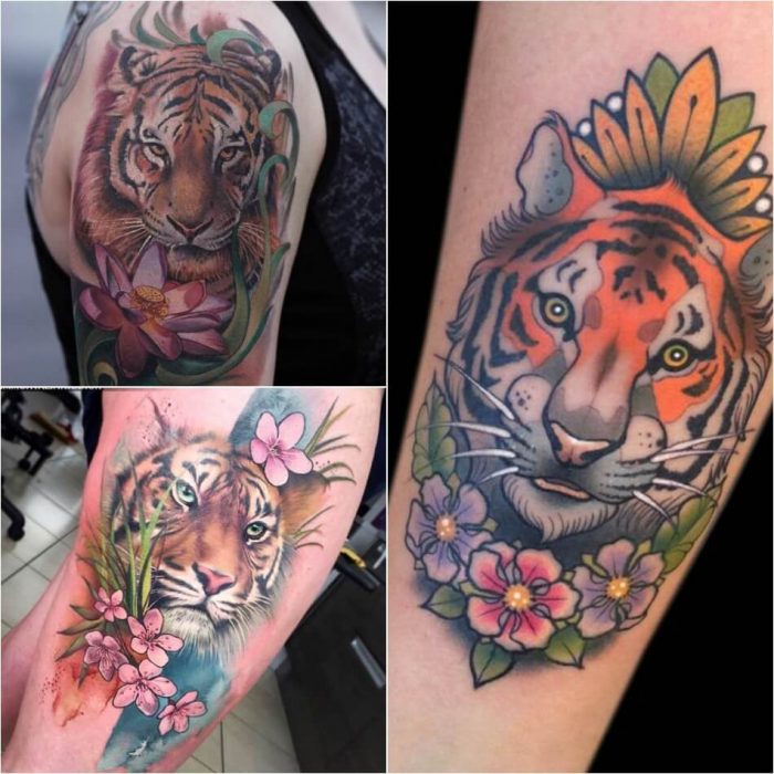 tiger tattoos - tiger tattoos for females - tiger tattoos with flowers