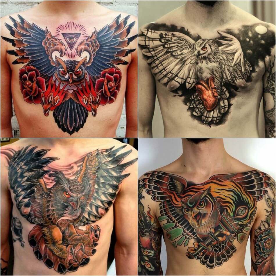chest tattoos for men - animal chest tattoo - owl chest tattoo